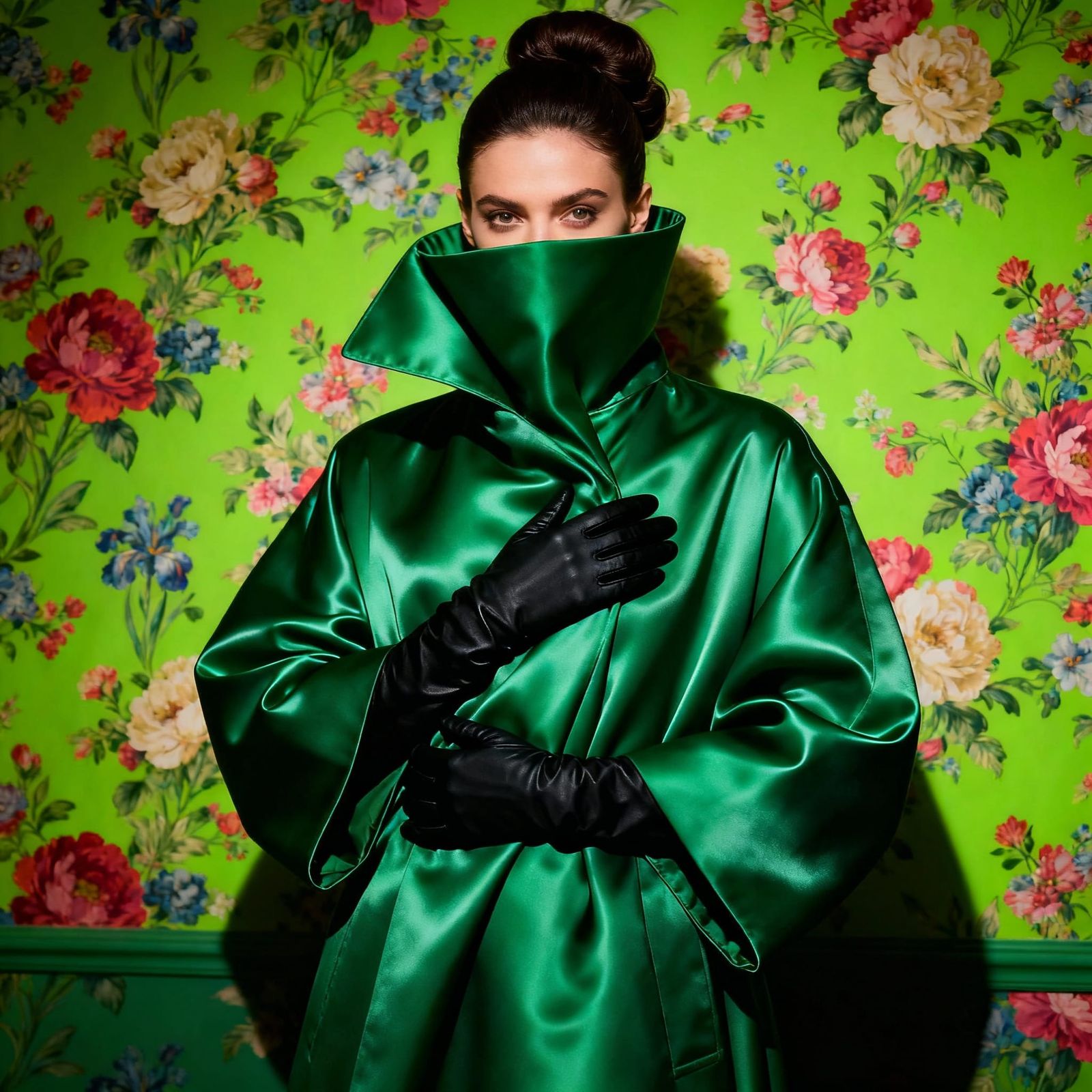 Avant-Garde Fashion Portrait: Green Satin Coat