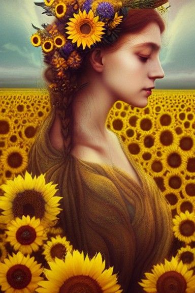Harvest Goddess in Sunflower Field: Oil Painting