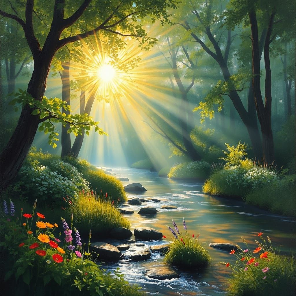 Radiant Sunbeams in Monet-Inspired Forest Stream
