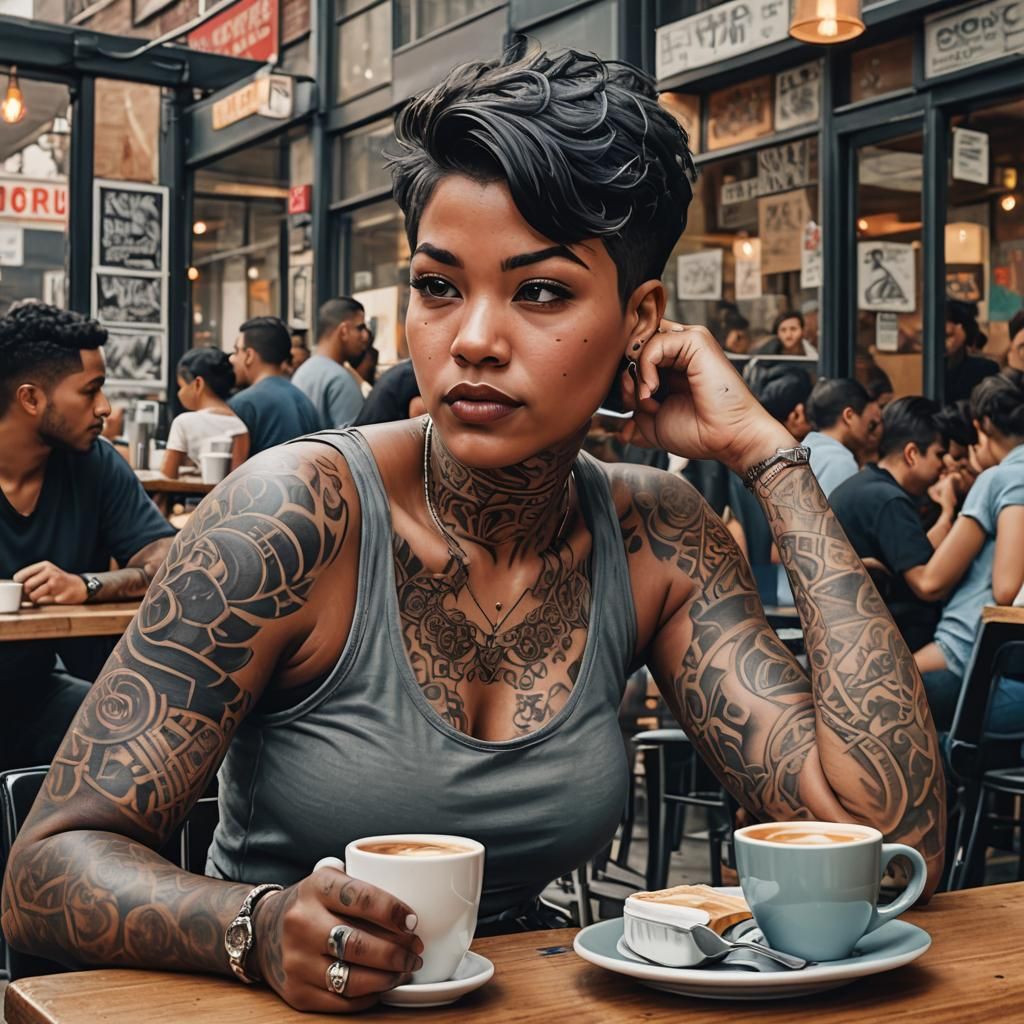 Tattooed Woman in NYC Cafe: Urban Street Art