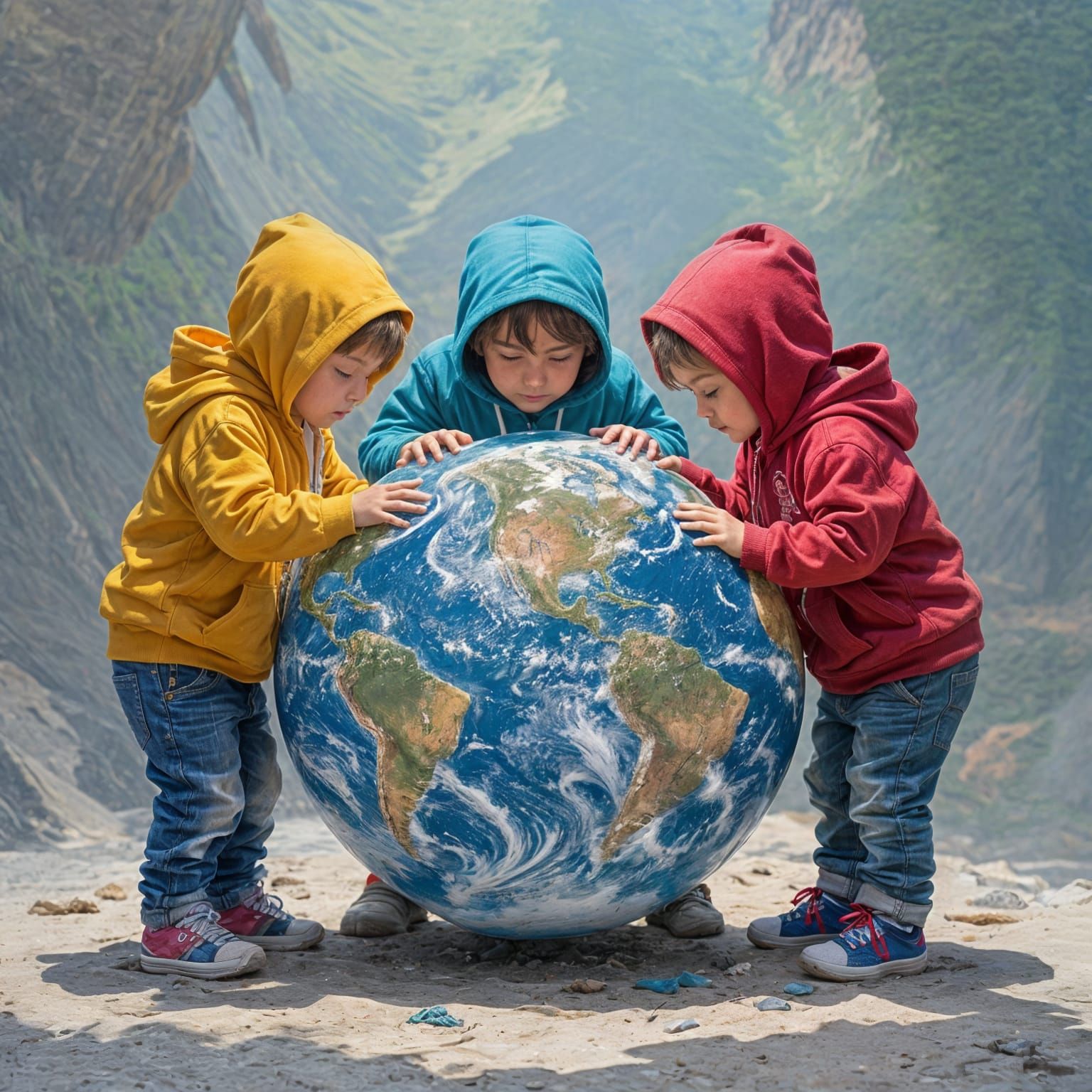 Children Discovering a Detailed Globe: Hyperrealistic Image