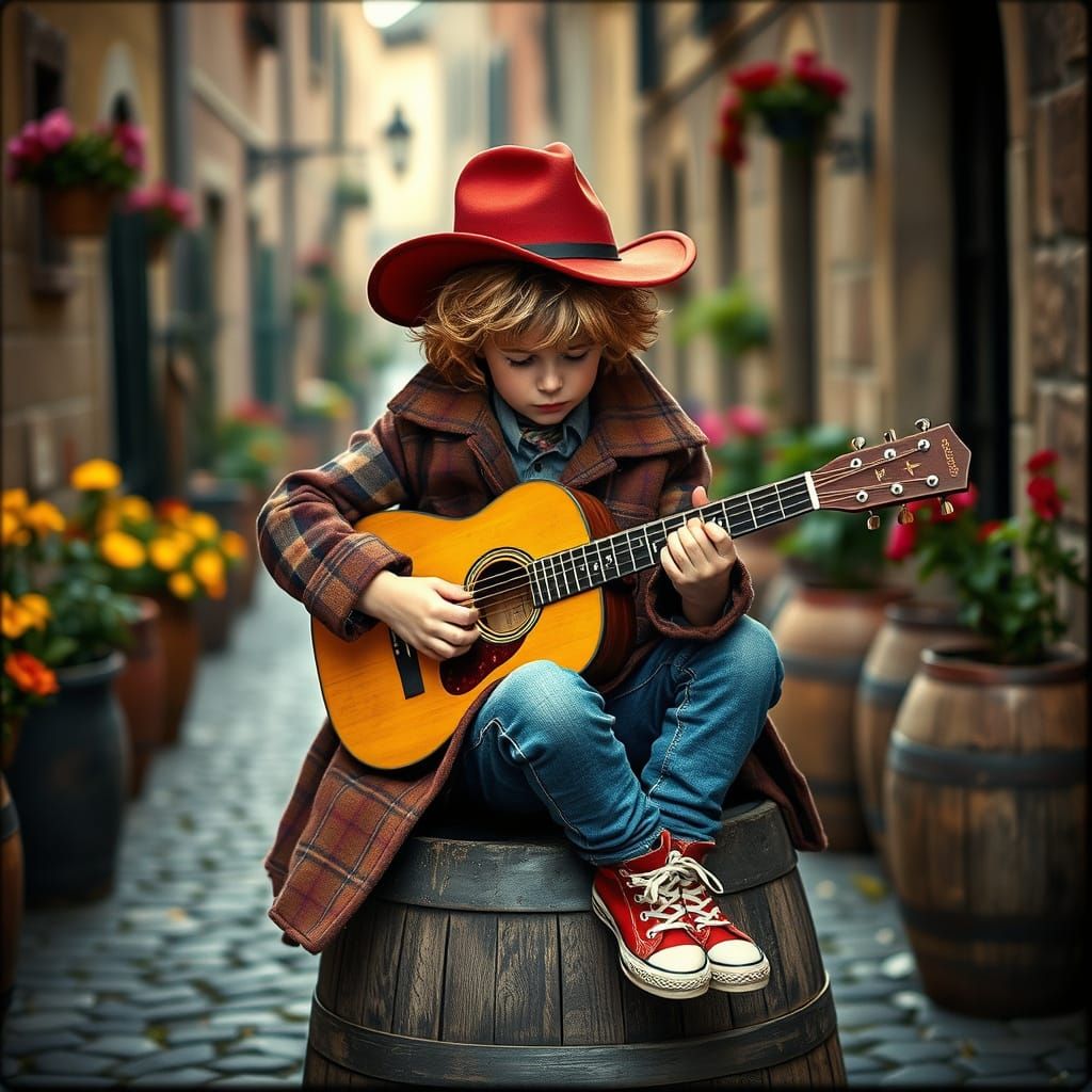 Young Boy Plays Vintage Acoustic Guitar on Cobblestone Stree...