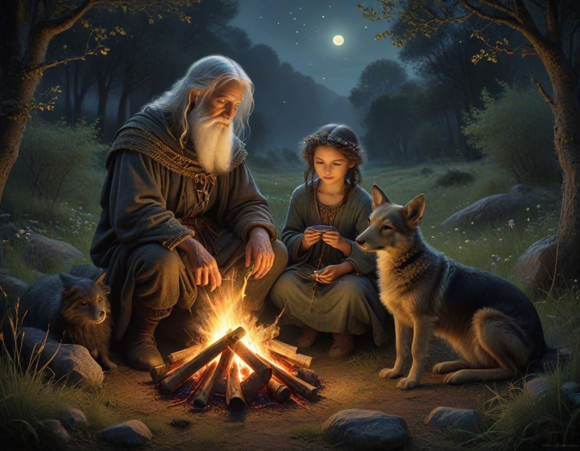 Ancient Shepherd's Whimsical Tales by Campfire