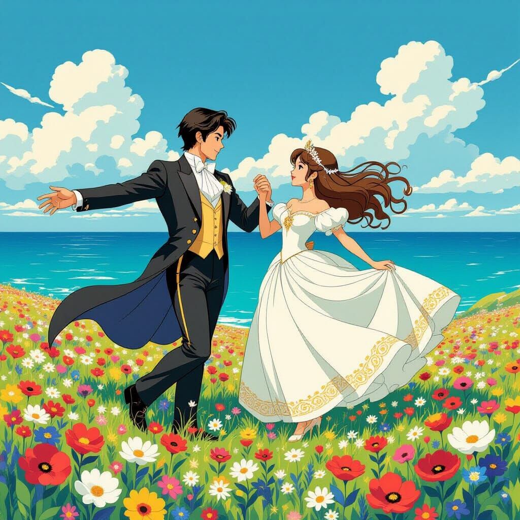 Dancing Iron Prince and Princess Over Flower Field