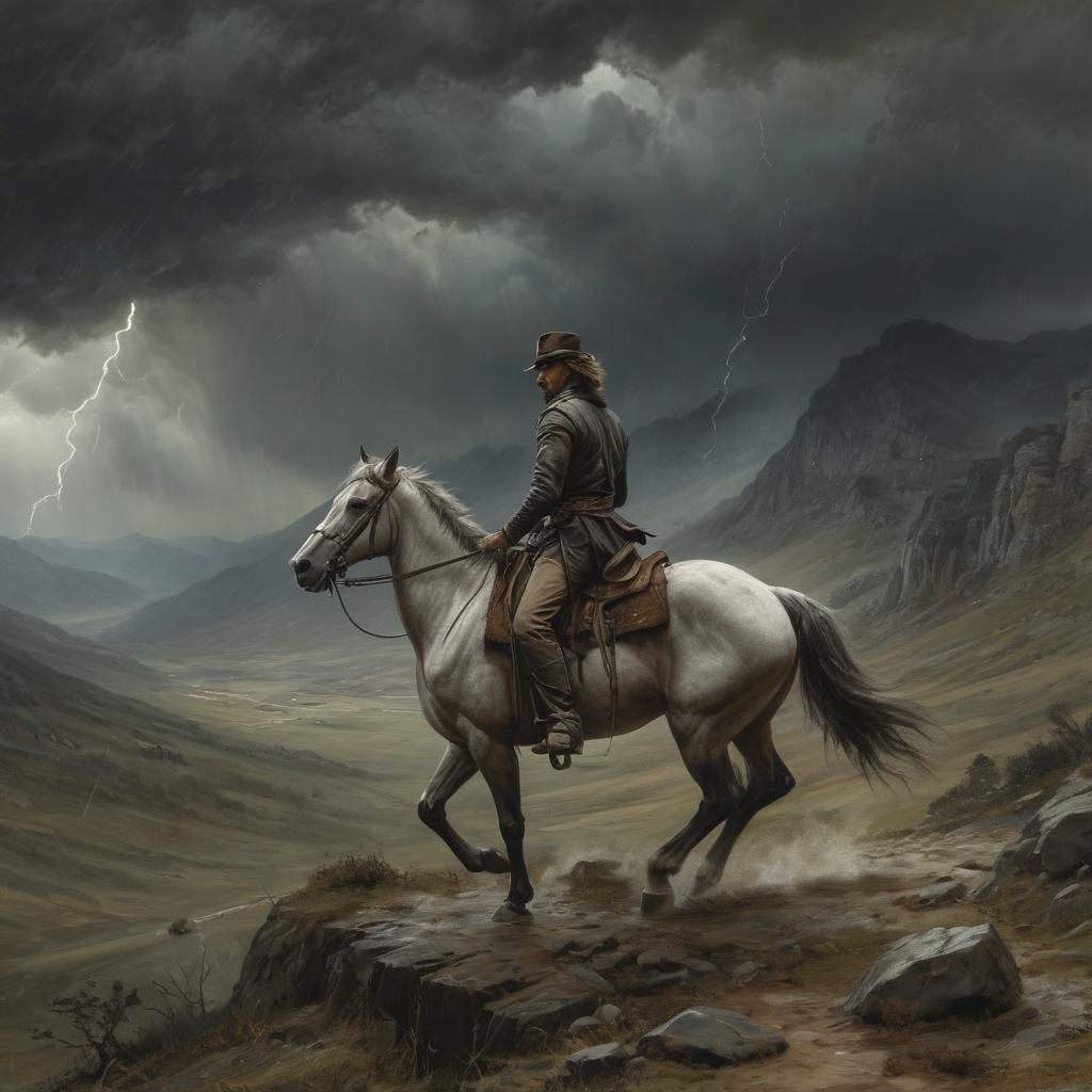 Equestrian Journey Through Stormy Mountains in Tonalist Styl...