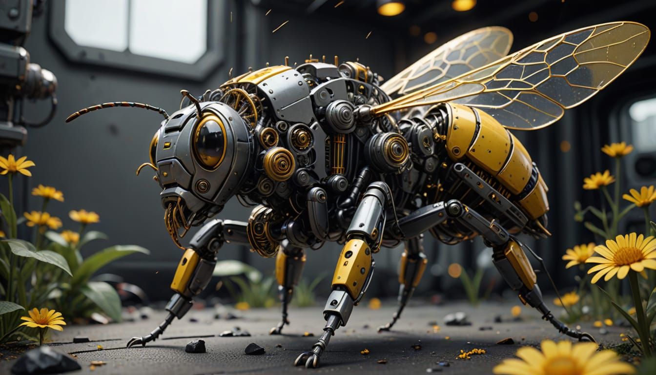 Industrial Sci-Fi Robot Bee in Atmospheric Lighting