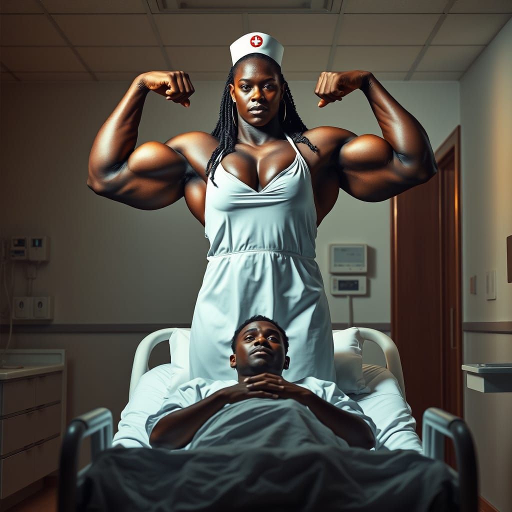 Hyper-Realistic Nurse Flexing Biceps in Warm Lighting