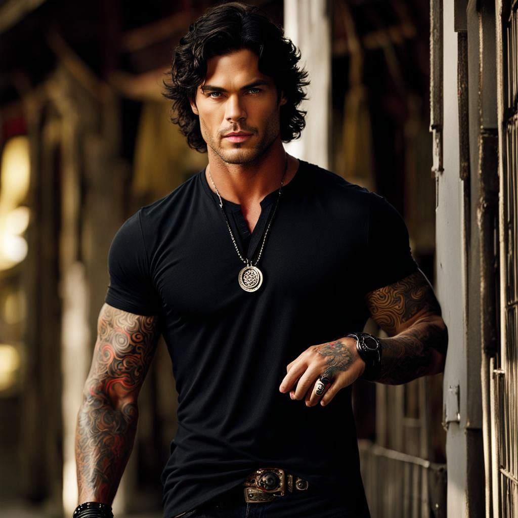 Tattooed Man with Red Eyes and Dark Hair