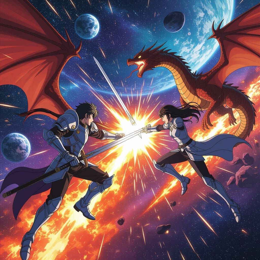 Dragon Riders Clash in Space: Anime Battle Scene