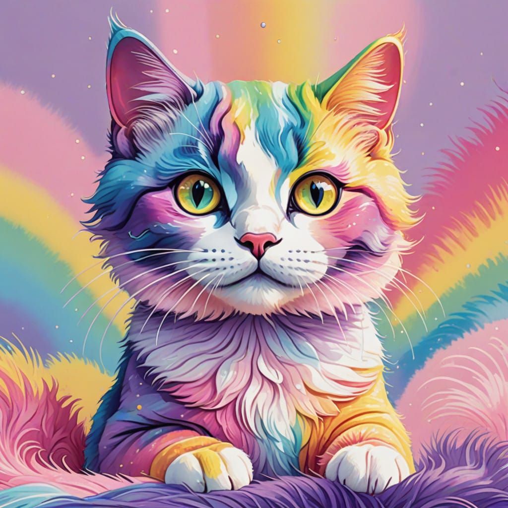 Whimsical Cartoon Cat in Rainbow Ombre Fur