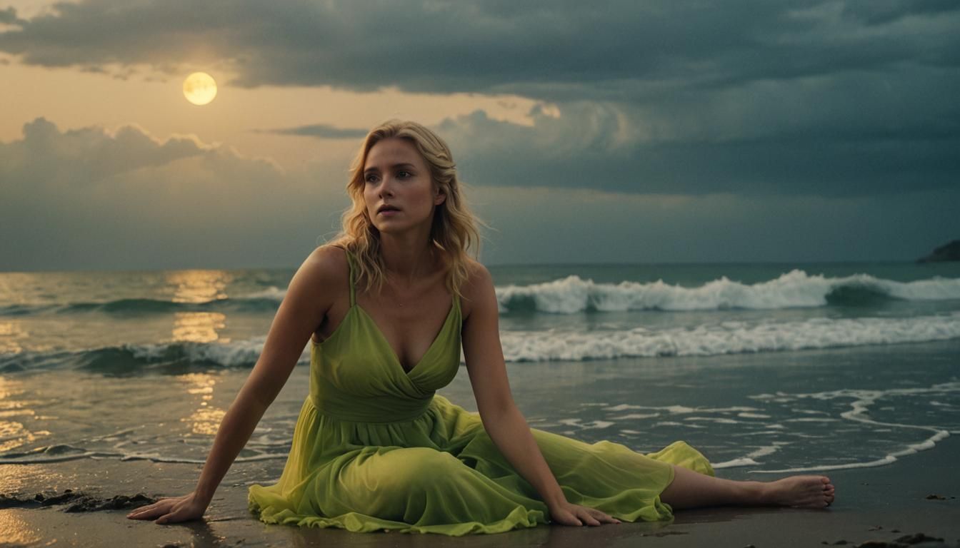 Woman on Stormy Shoreline in Golden Hour