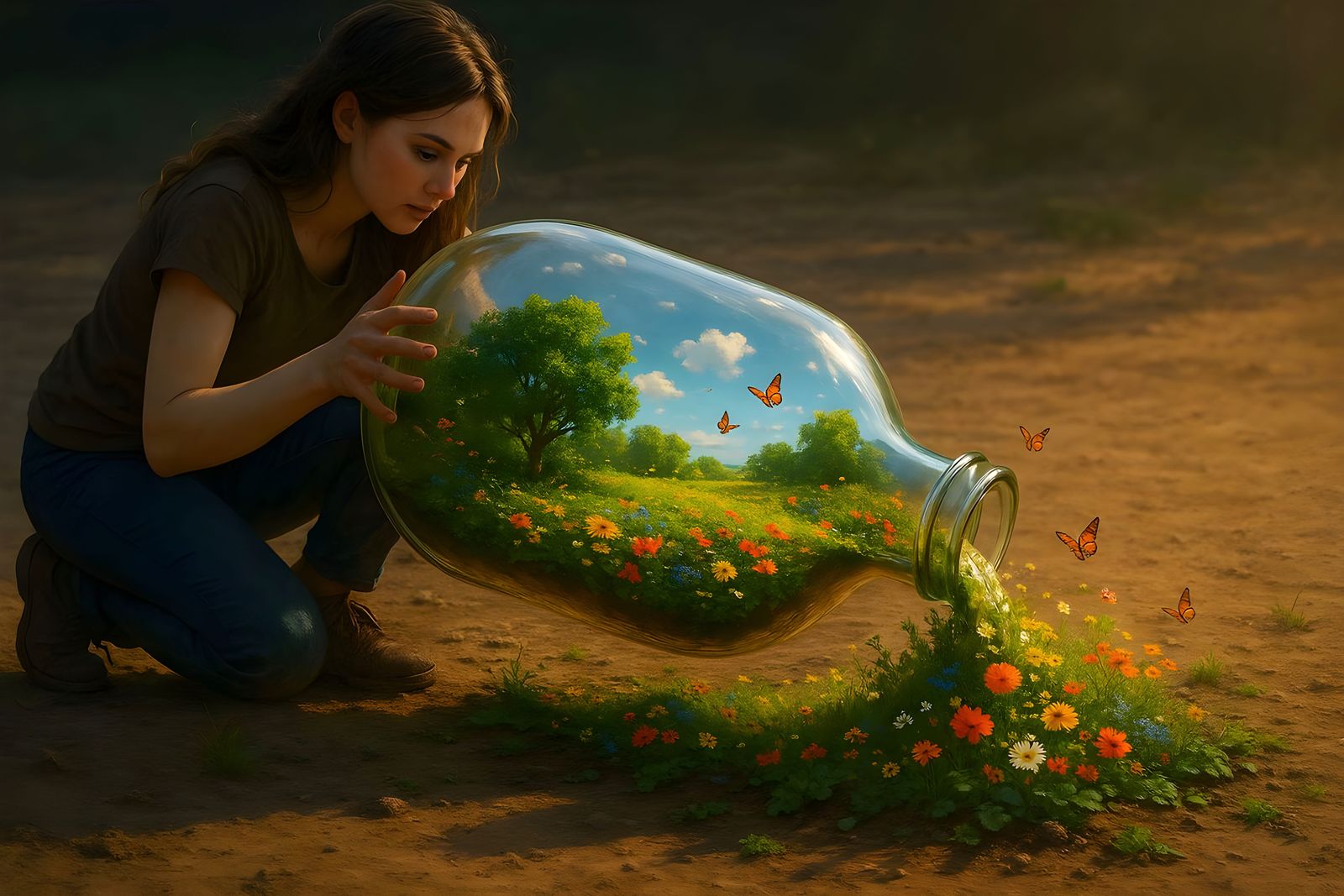 Woman Pours Summer Landscape from Glass Bottle