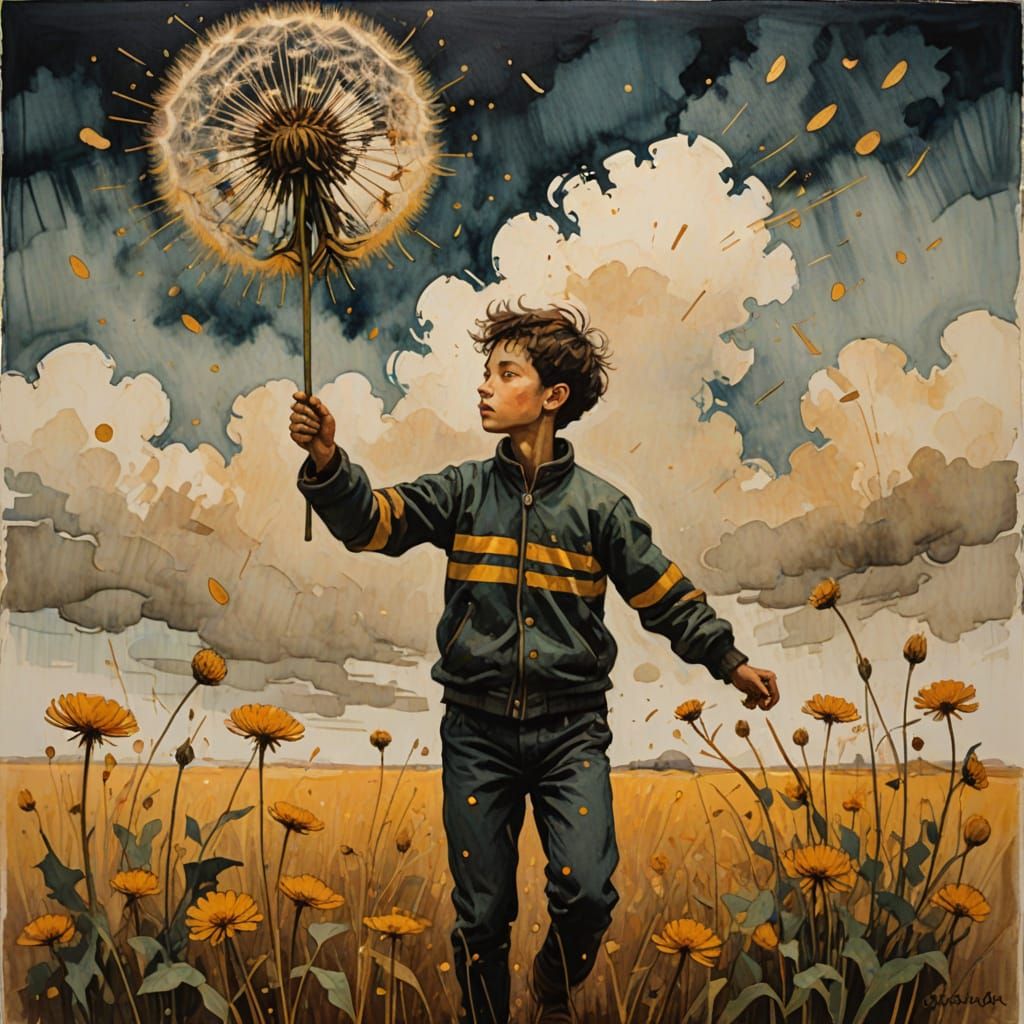 Ethereal Boy Soars Amidst Dystopian Skies with Dandelion