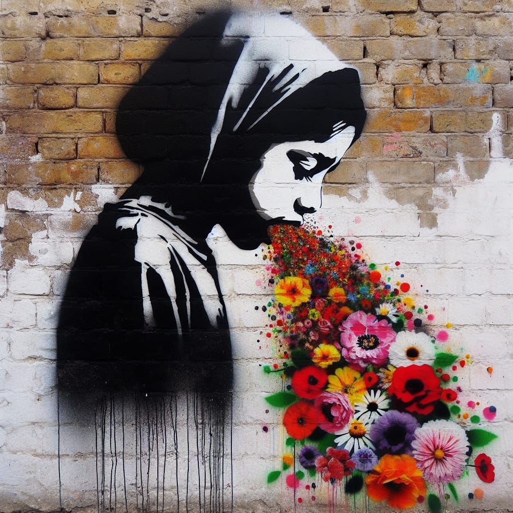 Stencil Graffiti of Girl with Flowers on Brick Wall