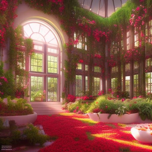 Hyperdetailed Greenhouse with Red Flowers in Art Nouveau Sty...
