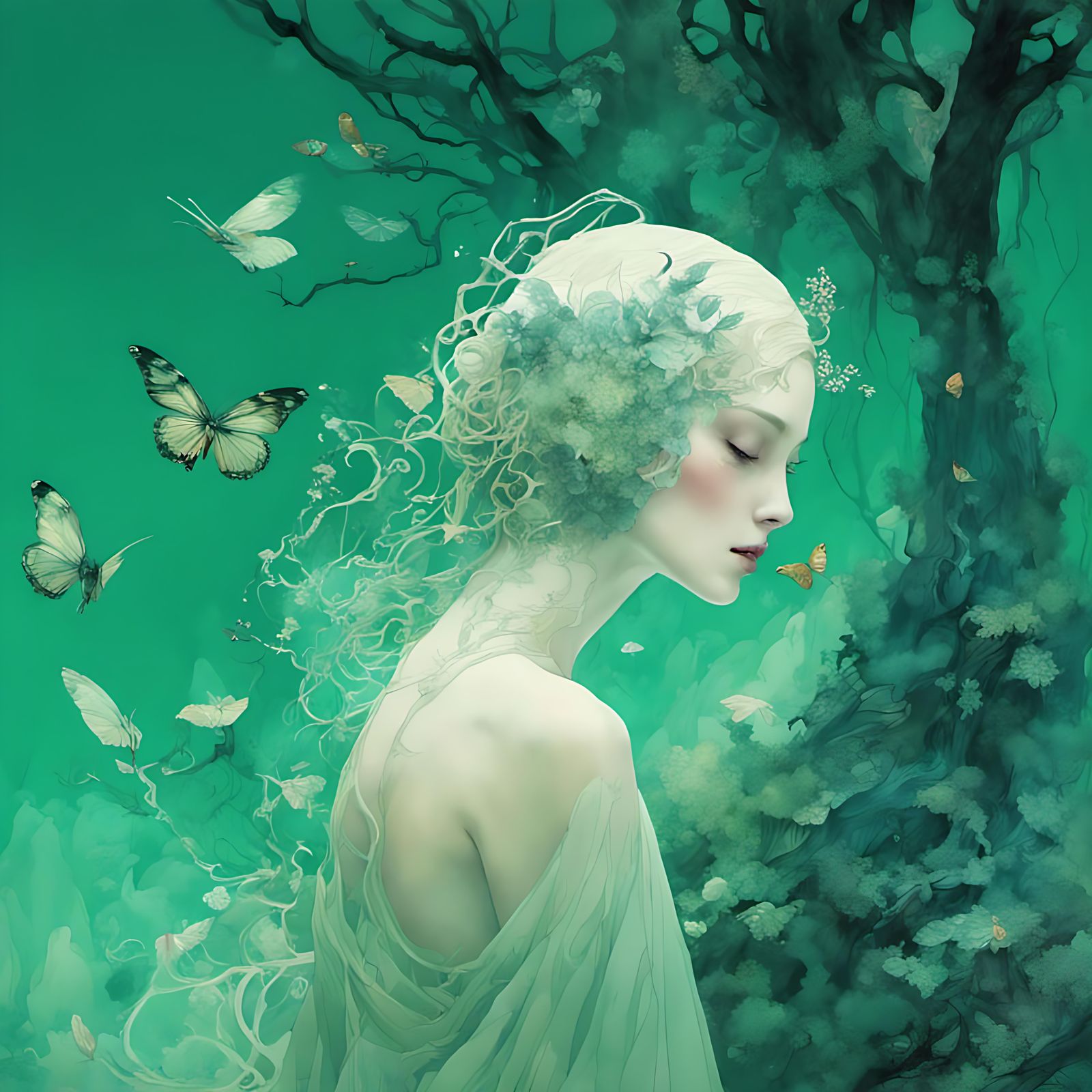 Ethereal Woman Blending into Emerald Forest