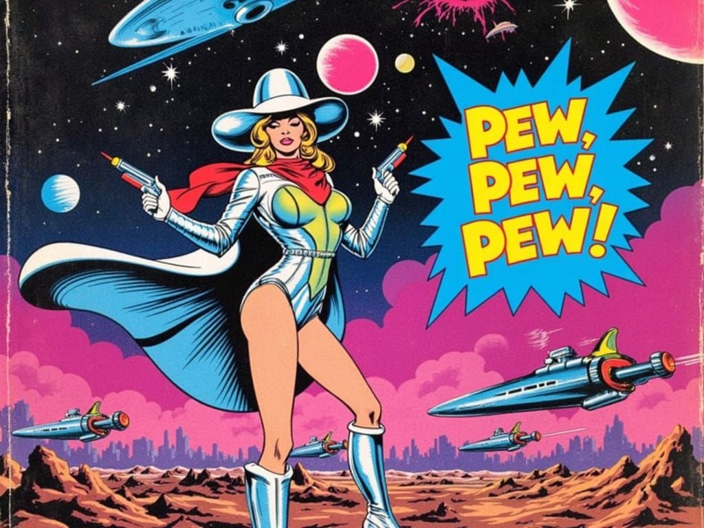 Retro-Futuristic Space Cowgirl in Vibrant Comic Book Style