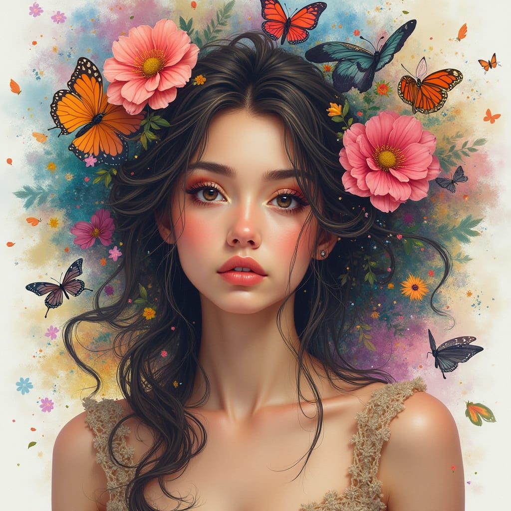 Dreamy Watercolor Portrait of Woman with Flowers