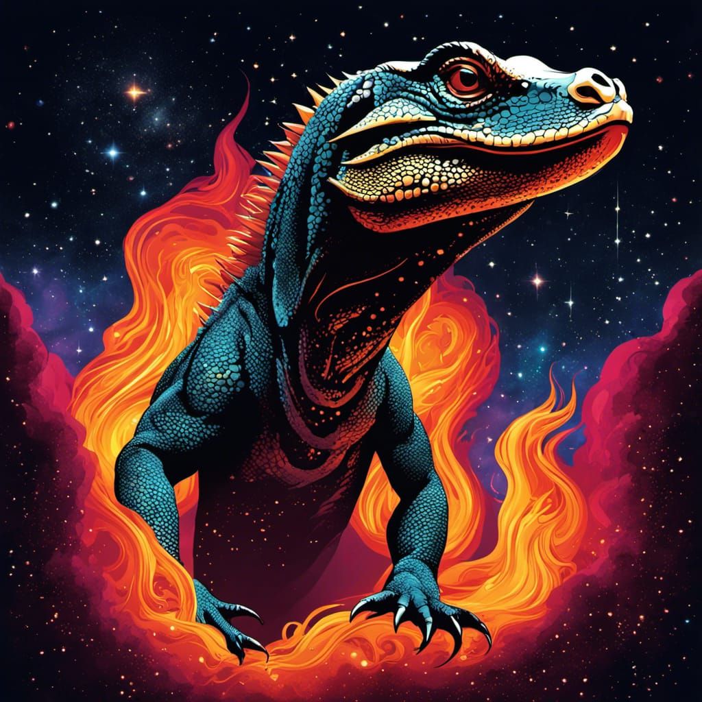 Fire-Breathing Komodo Dragon in Cosmic Nebula