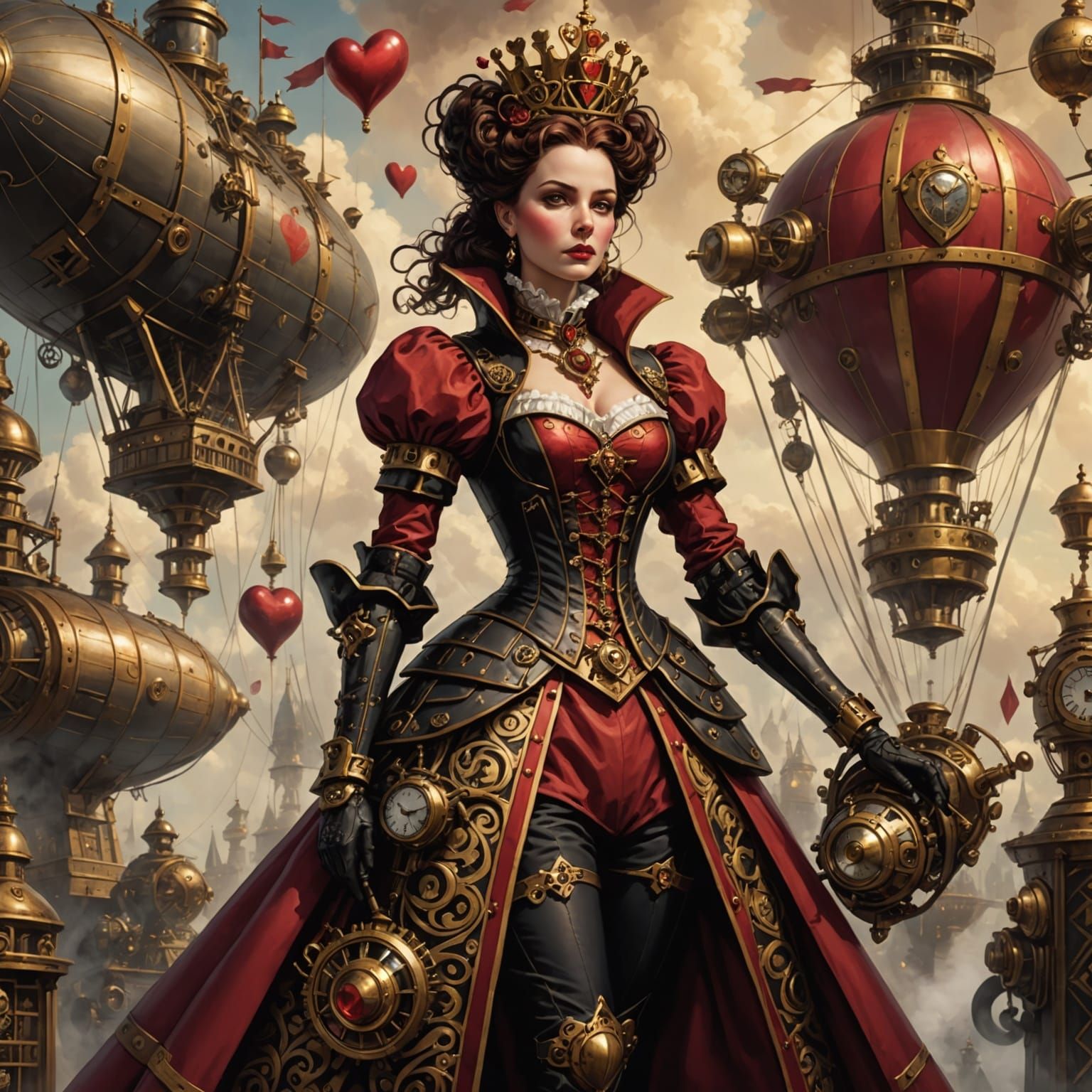 Steampunk Queen of Hearts Commands Airship
