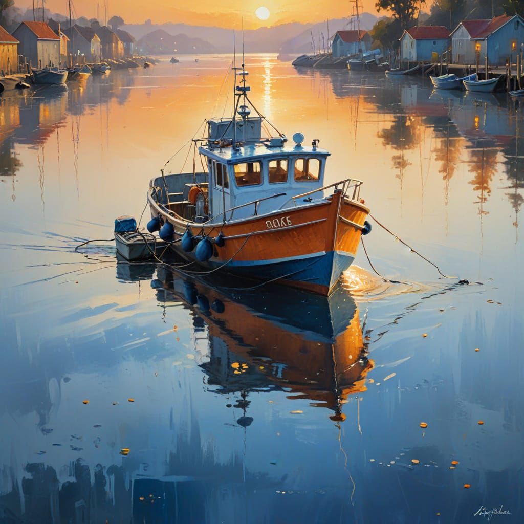 Impressionistic Oil Painting of a Fishing Boat at Sunrise