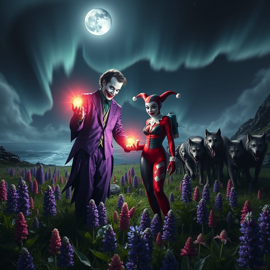 Gothic Joker and Harley Quinn Scene with Werewolves and Auro...