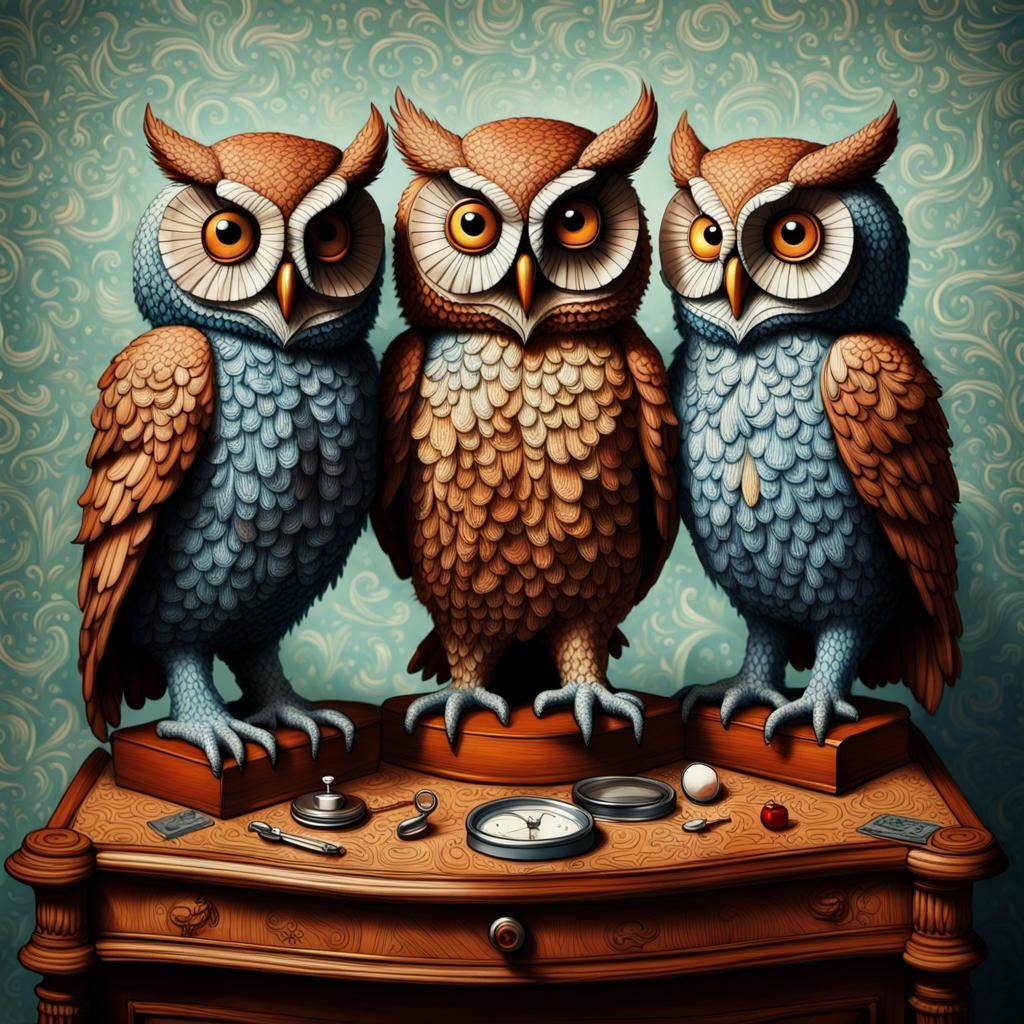 Whimsical Owls on Dresser in Bauhaus Style