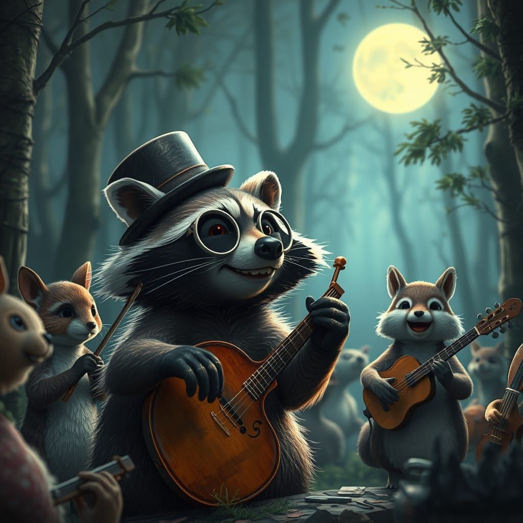 Raccoon Conductor Leading Forest Symphony, Detailed Matte Pa...