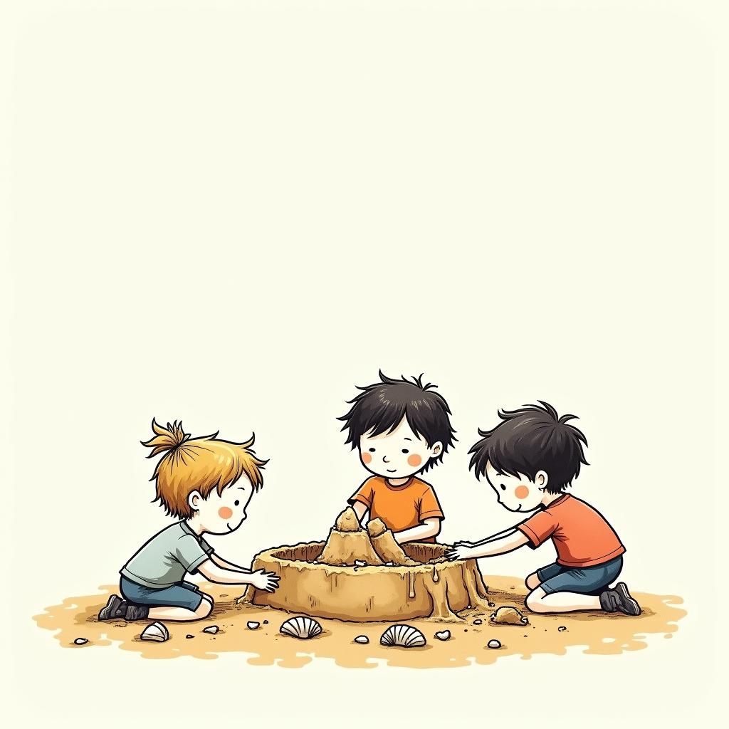 Children Building Sandcastle in Expressive Line Art