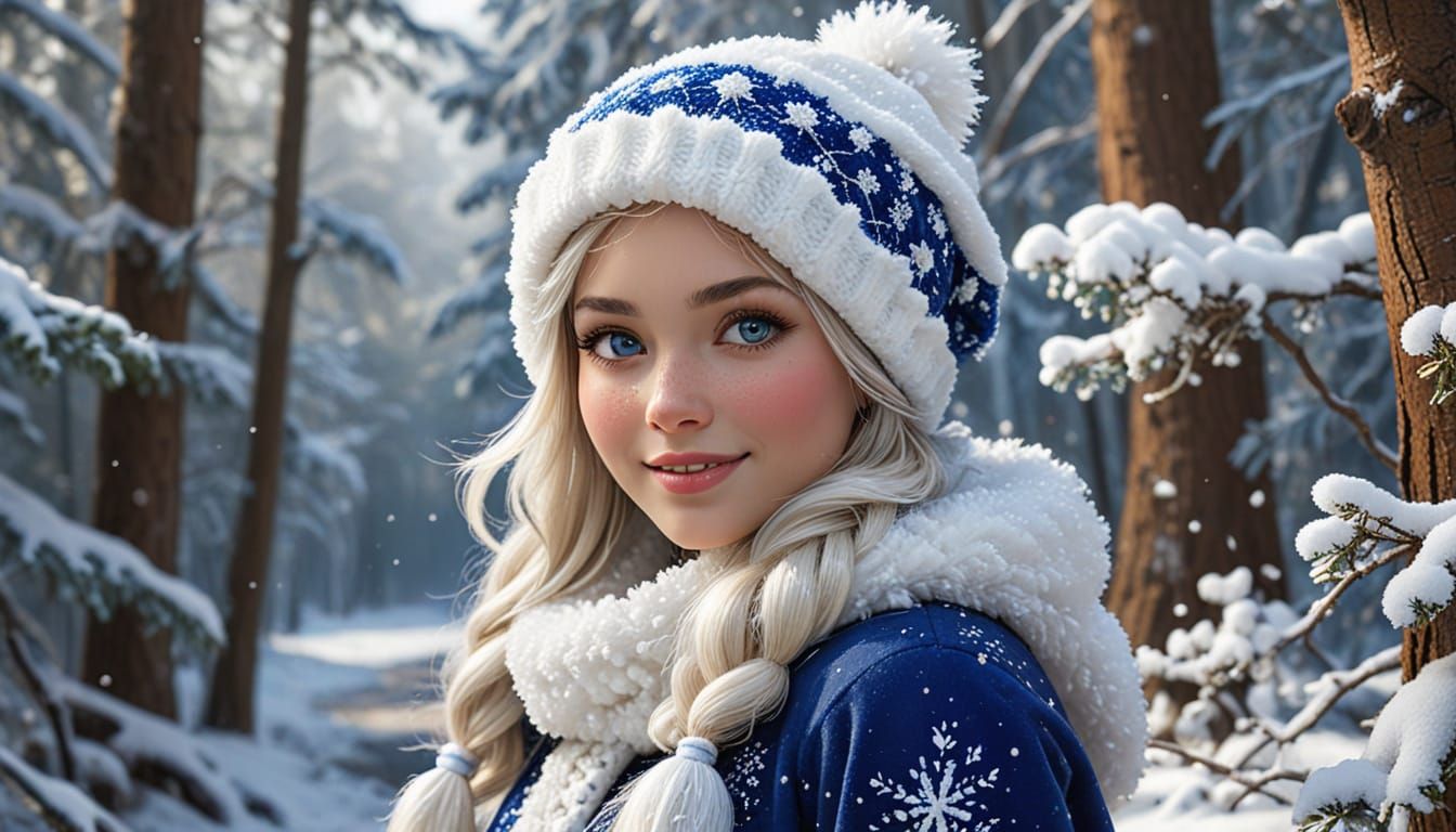 Smiling Snow Woman Distributing Snowflake Kisses