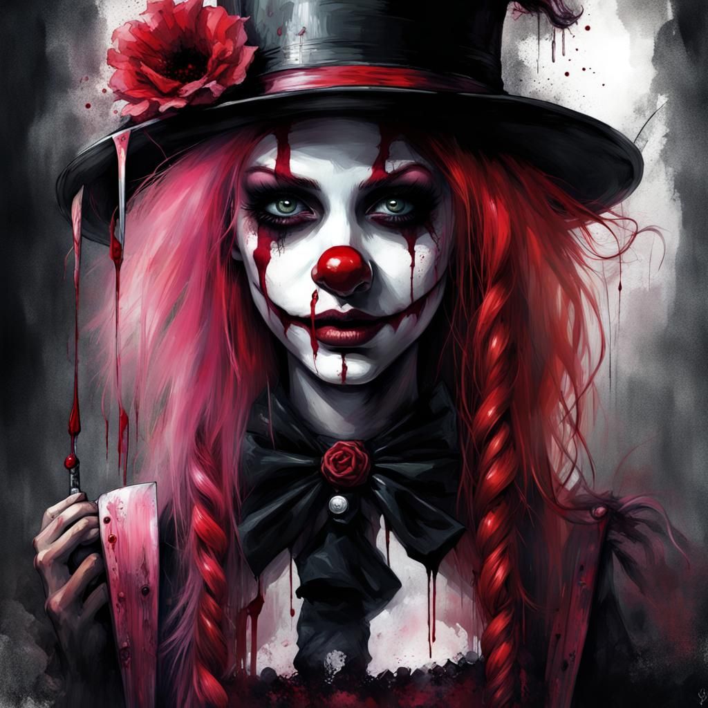 High Gothic Killer Clown Girl in Tim Burton Style