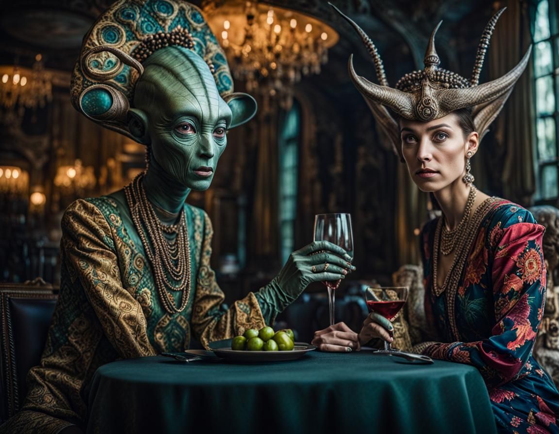 Surreal Alien Restaurant Celebration in Magical Realism