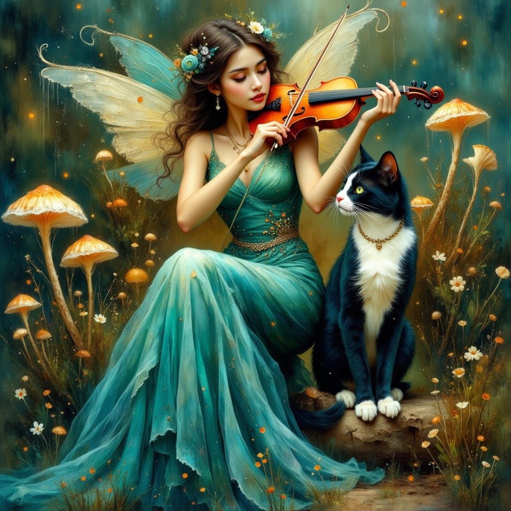 Fairy in Teal Gown Plays Violin with Tuxedo Cat
