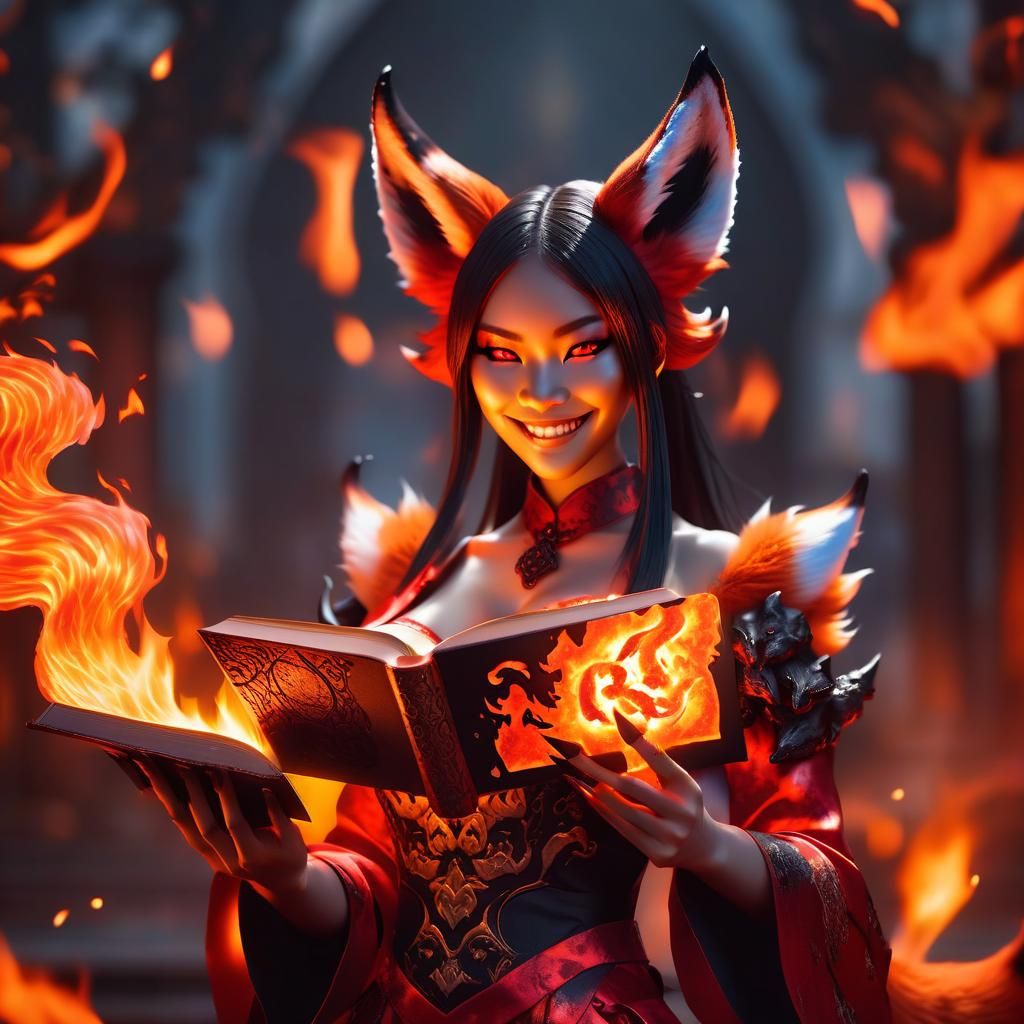 Kitsune Devil Girl with Burning Tome: Digital Art