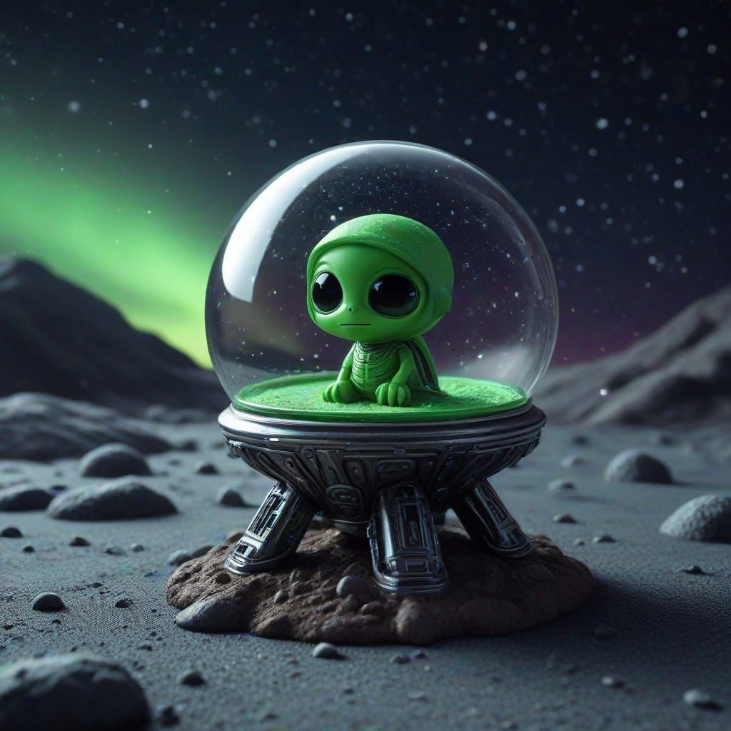 Neon Chibi Alien in Miniature Spaceship on Moon