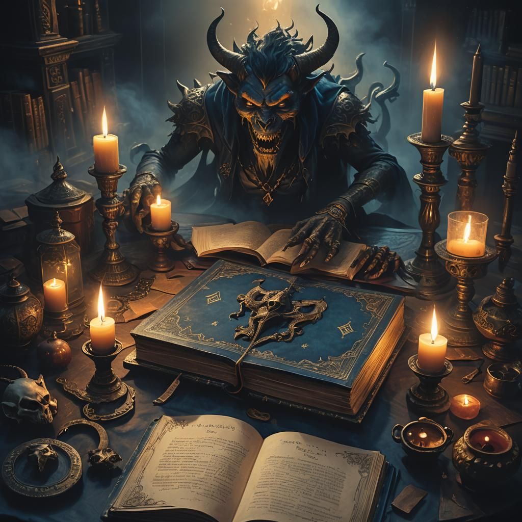 Eerie Demon Emerges from Book in Dark Fantasy Art