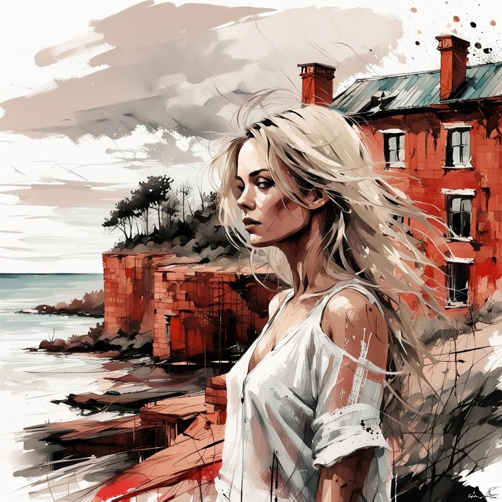 Baltic Beauty: Woman at Cliffside House in Pastel Ink