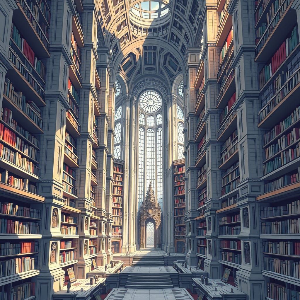 Futuristic Library Inspired by Syd Mead and Escher