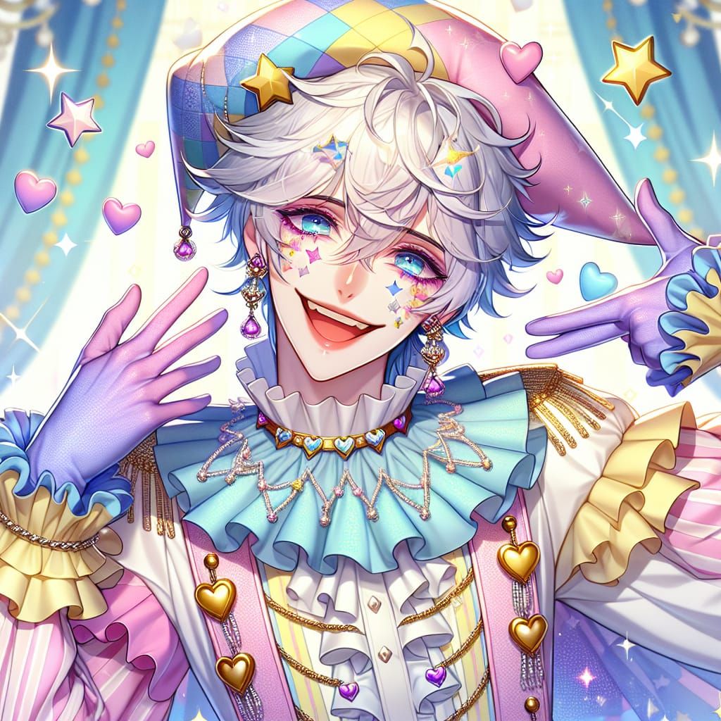 Enchanting Anime Jester in Vibrant Pastel Attire