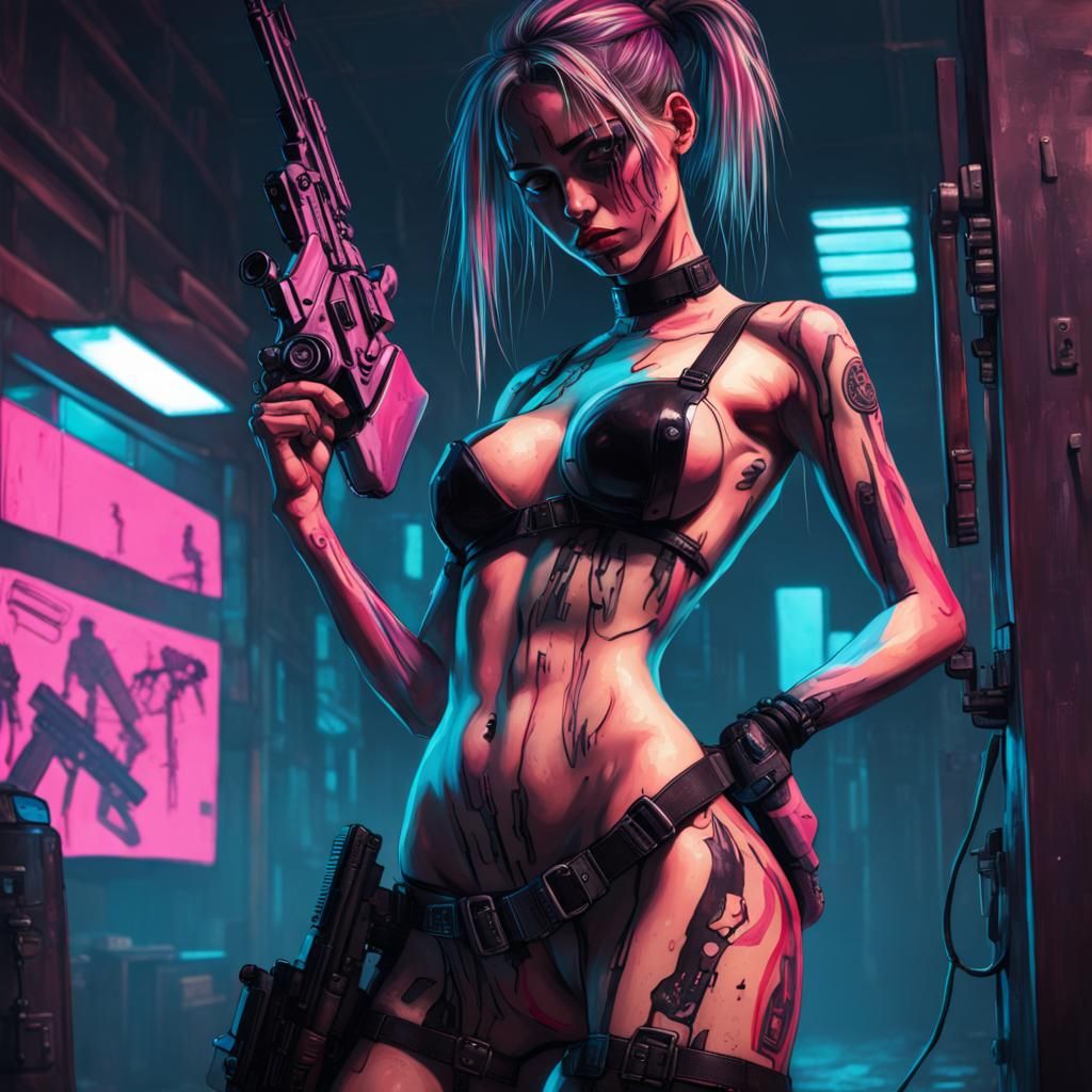 Cyberpunk Stripper with Gun: Depressive Psycho Nude