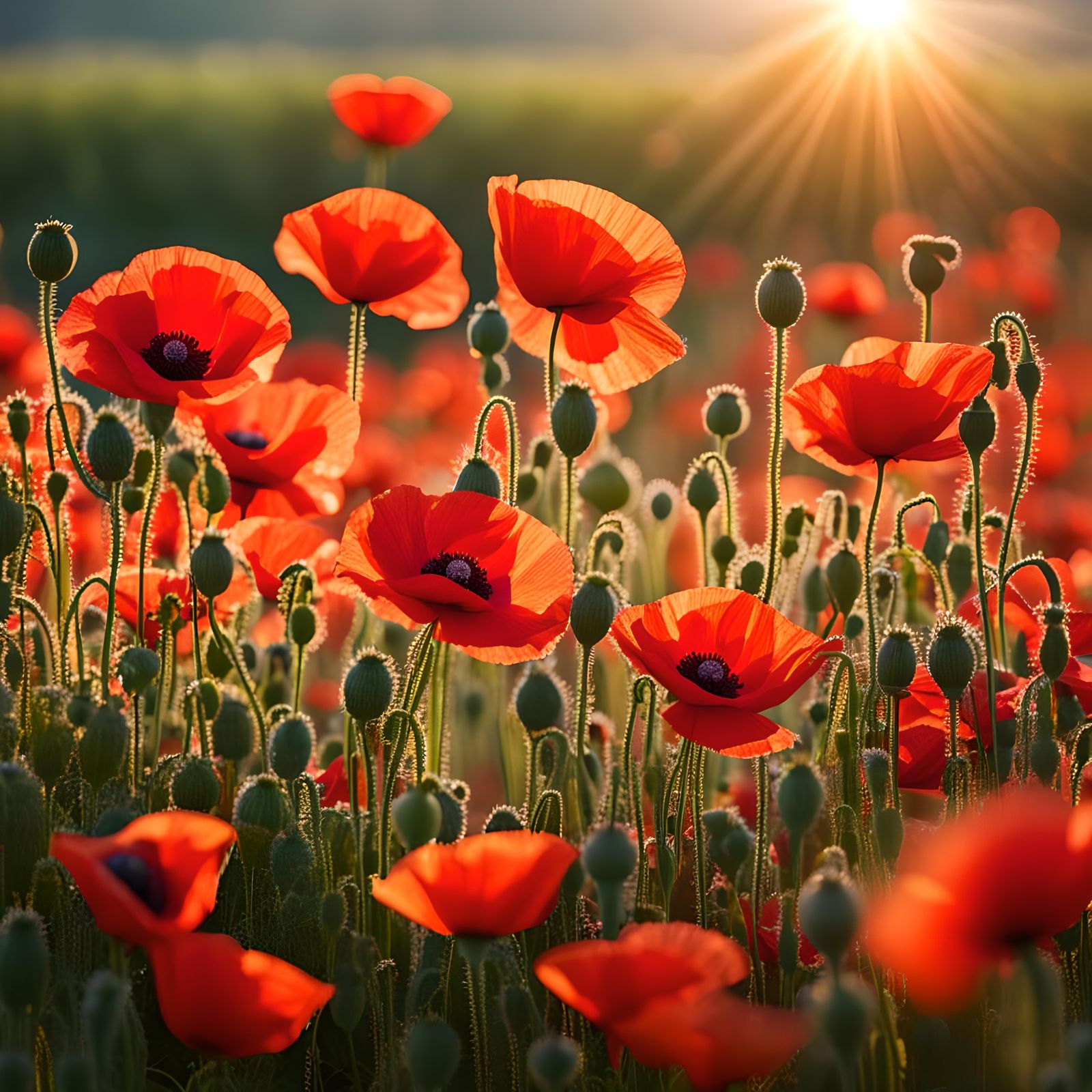 Poppy Field in Morning Dew at Sunrise