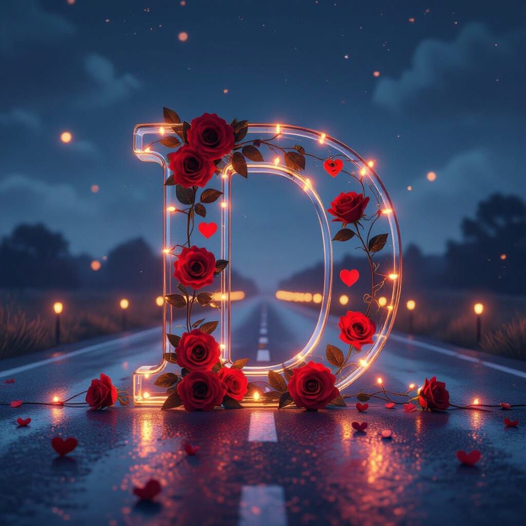Romantic 3D Glass Letter 'D' with Roses and Hearts