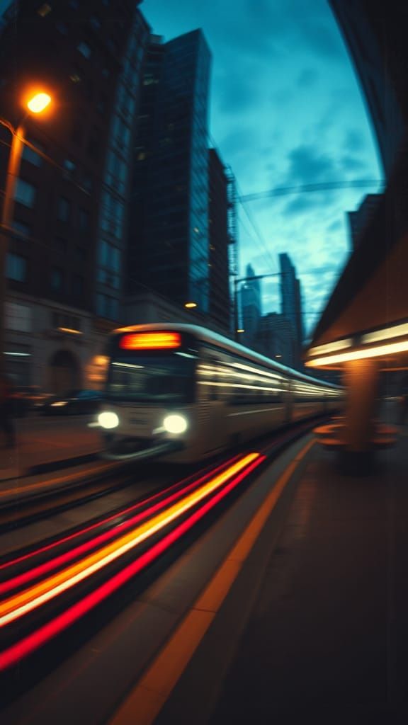 Urban Train Streaks: Gritty Cityscape at Dusk