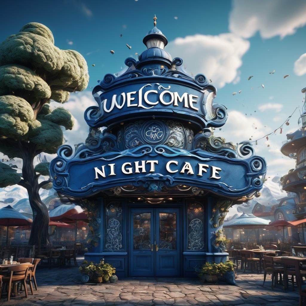 Welcome to Night Cafe in Swirly White Writing