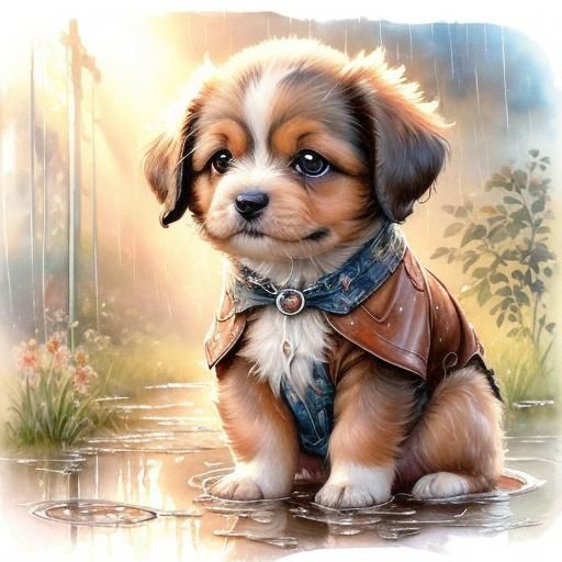 Sad Puppy in Rain: Watercolor Photorealistic Illustration