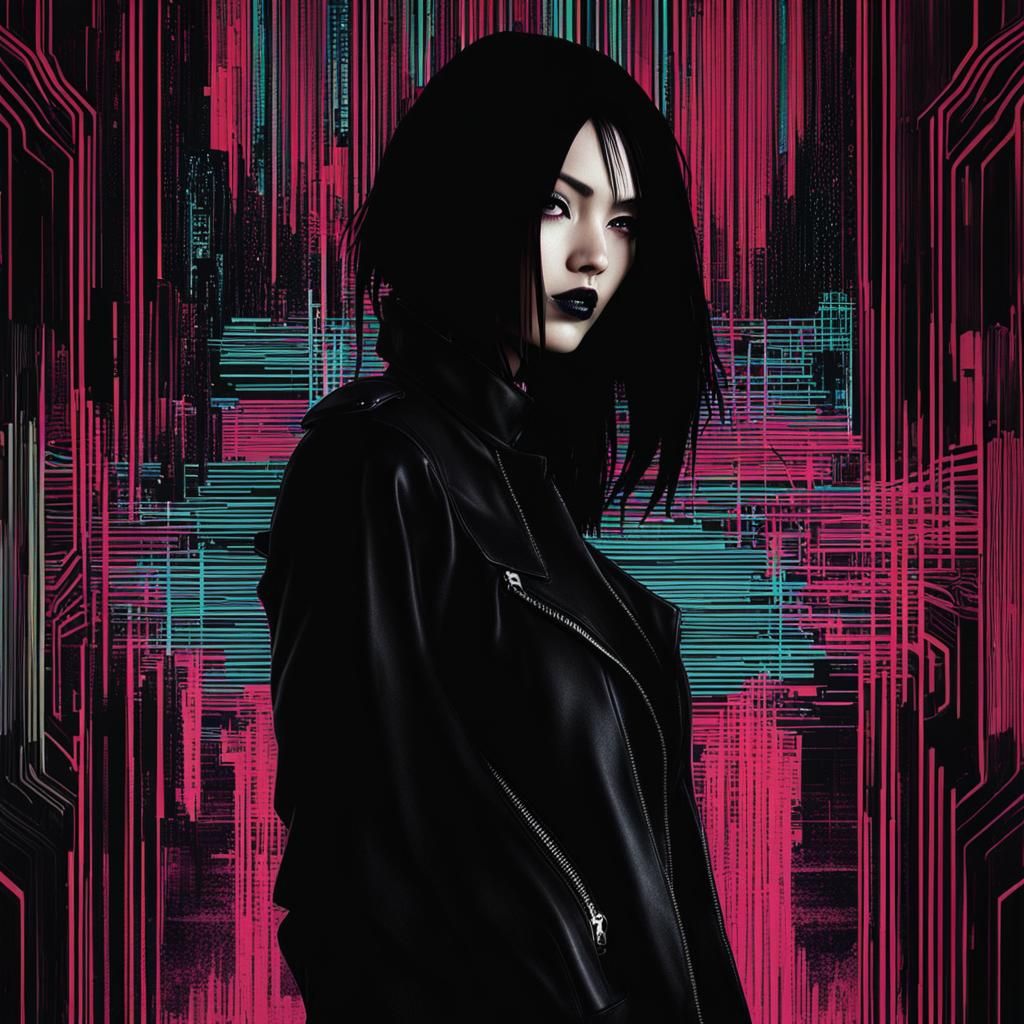 Glitchpunk Woman with Black Hair: Disturbed and Scared