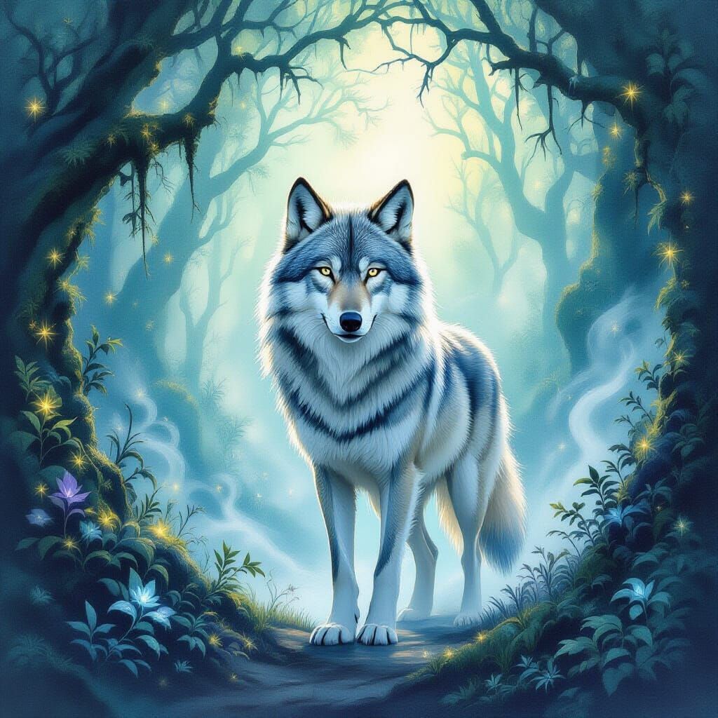 Majestic Moonlit Wolf in Ancient Glowing Forest