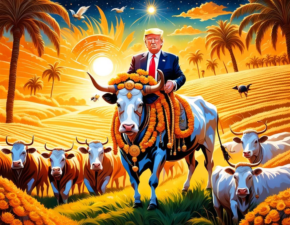 Donald Trump Herding Cows in Hindu Heaven