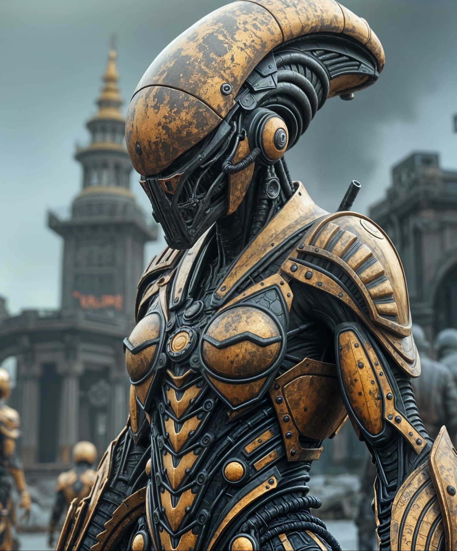Oxidized Golden Armor in Dystopian Alien Style