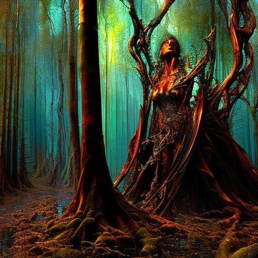 Ancient Creature in Dark Enchanted Forest